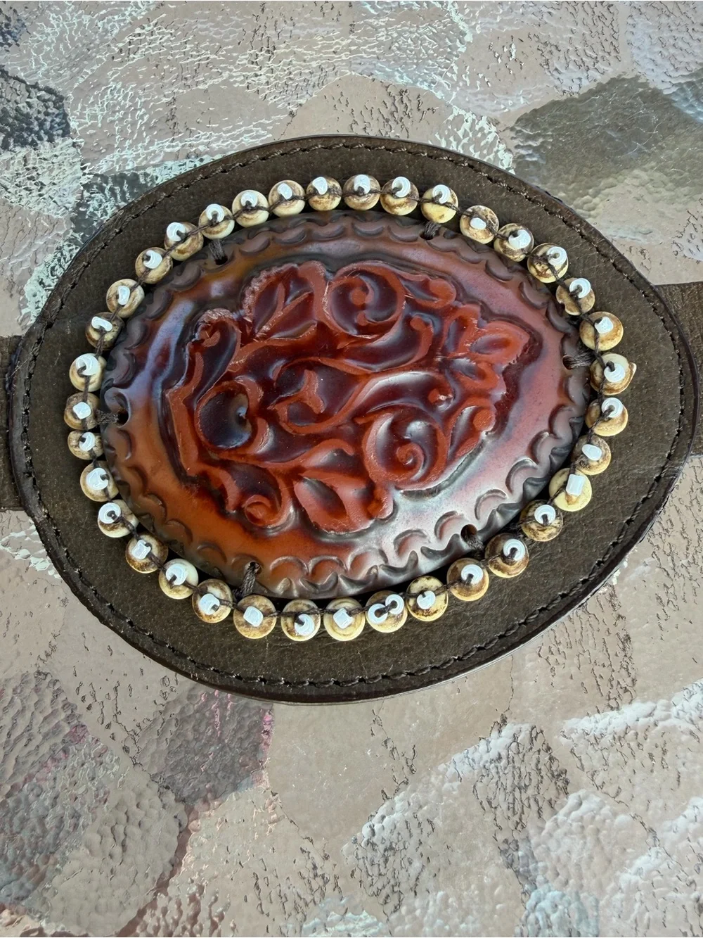 Chicos Genuine Leather Concho Belt  Turquoise Blue and Rust Medallions Sz M/L